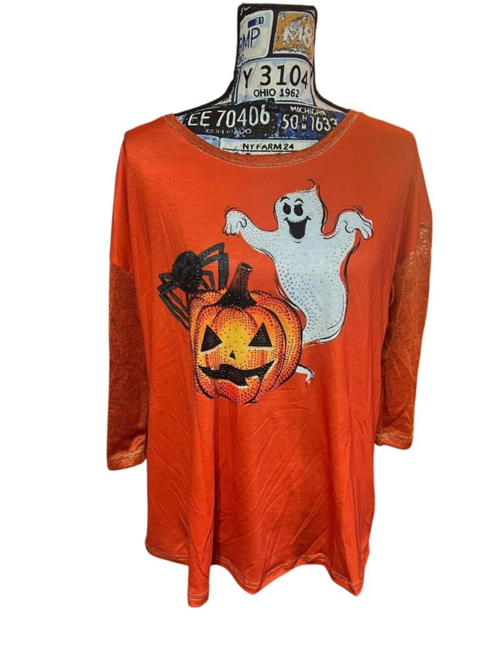 Orange Halloween Friendly Ghost Pumpkin Embellished Granny Core Blouse Sz XL